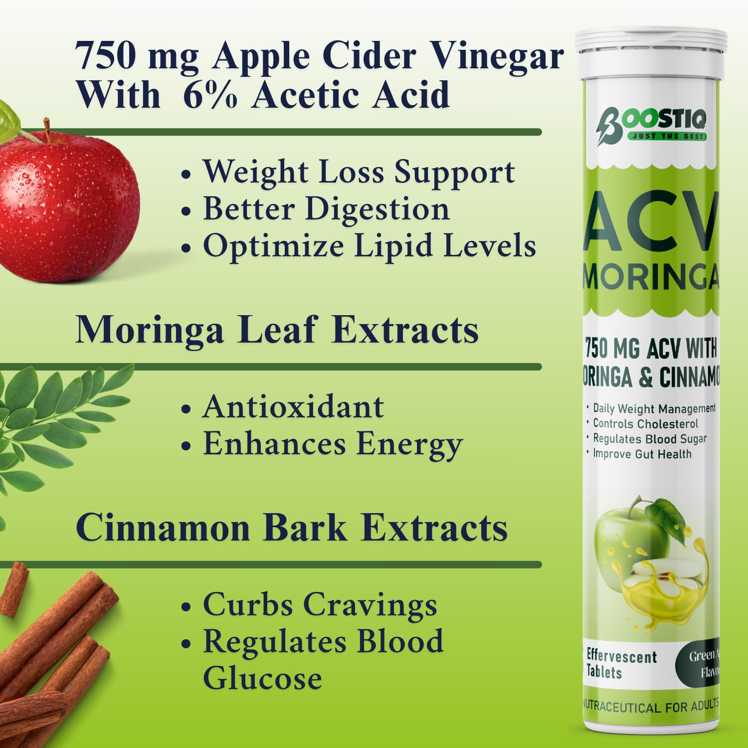 BOOSTIQ Apple Cider Vinegar Effervescent Tablets, B-Vitamins & Pomegranate Extract, No Added Sugar, Adult Supplement - back v