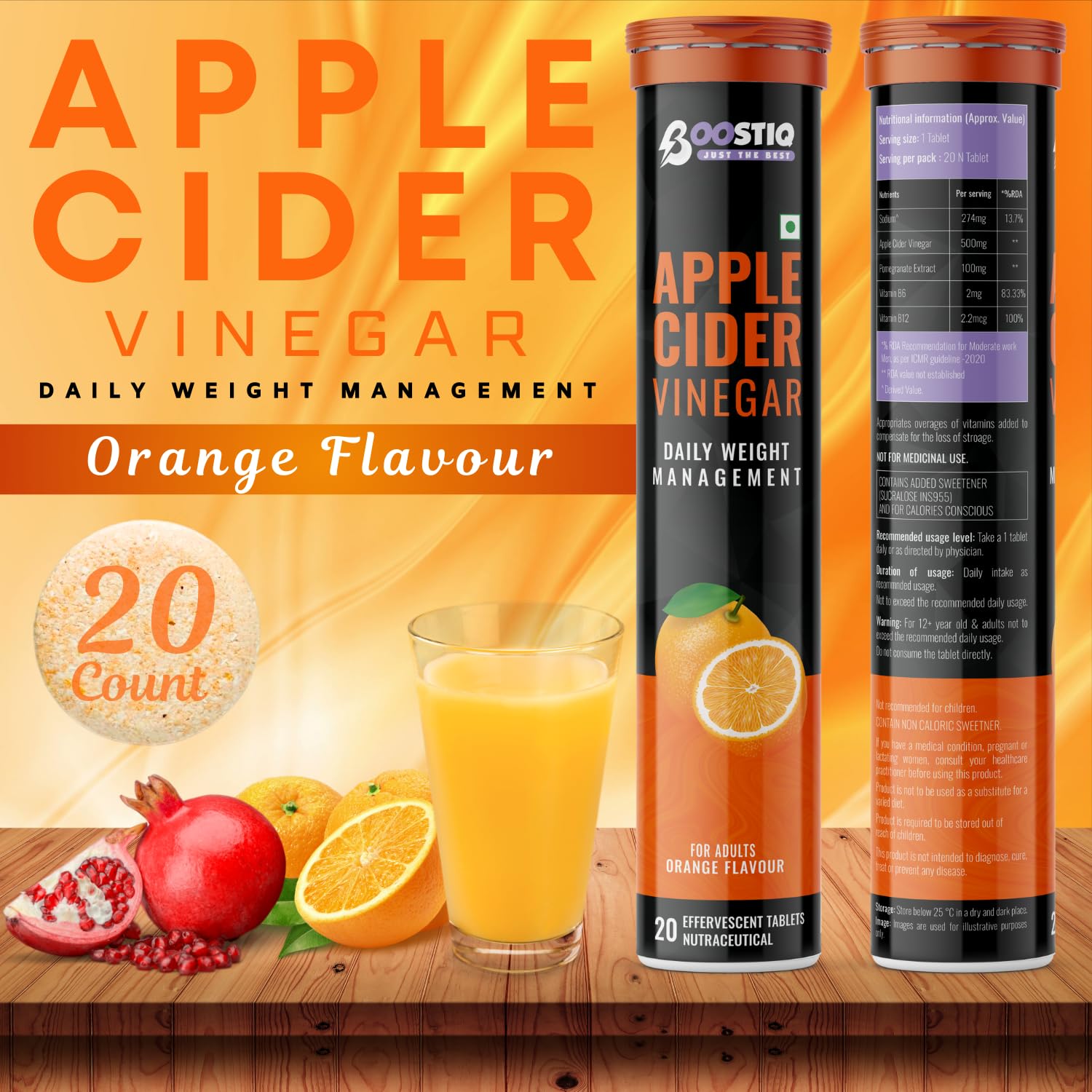 BOOSTIQ Apple Cider Vinegar Effervescent Tablets, B-Vitamins & Pomegranate Extract, No Added Sugar, Adult Supplement - packag