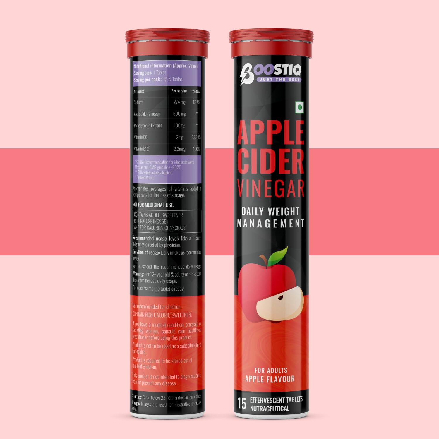 BOOSTIQ Apple Cider Vinegar Effervescent Tablets, B-Vitamins & Pomegranate Extract, No Added Sugar, Adult Supplement - ingred