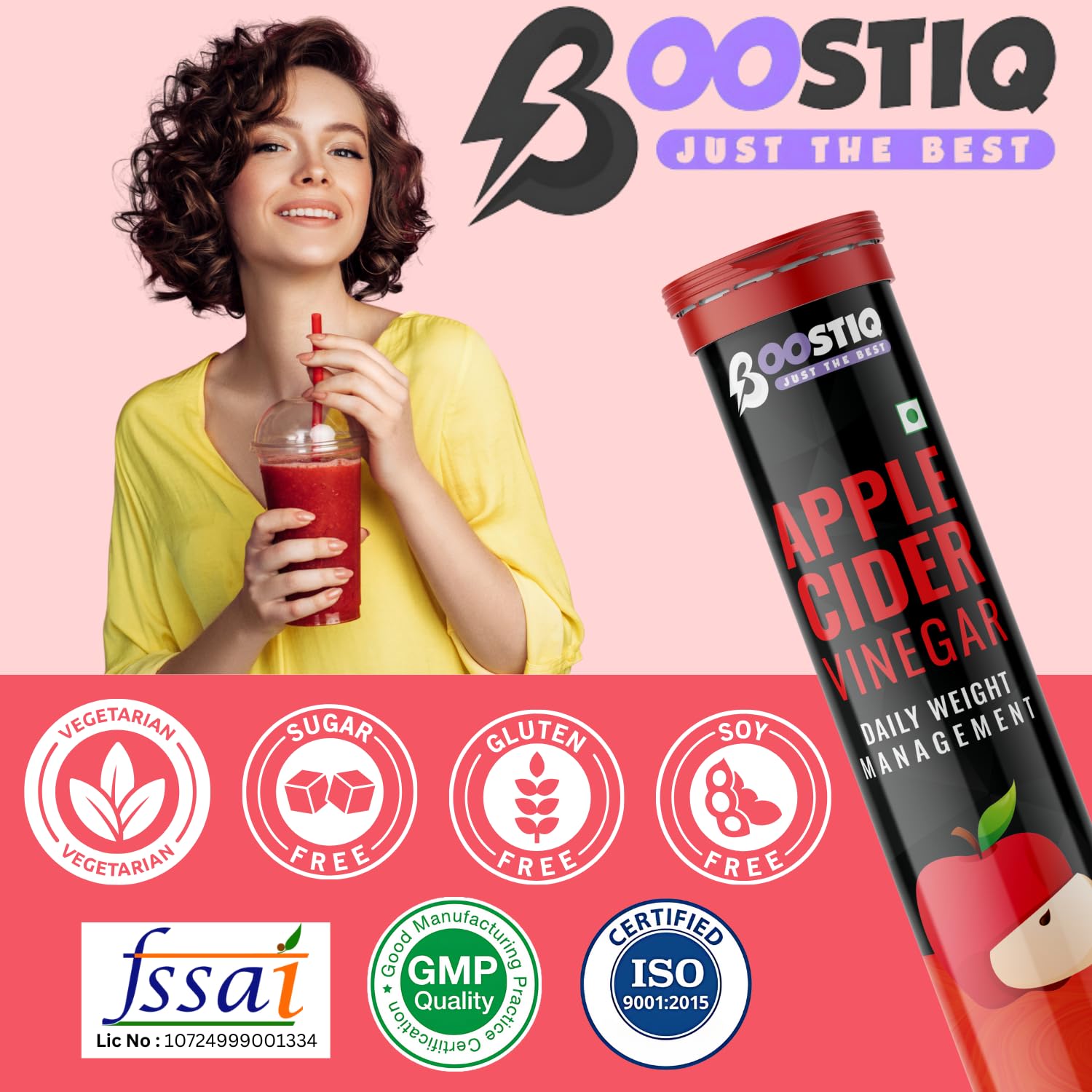 BOOSTIQ Apple Cider Vinegar Effervescent Tablets, B-Vitamins & Pomegranate Extract, No Added Sugar, Adult Supplement - close-