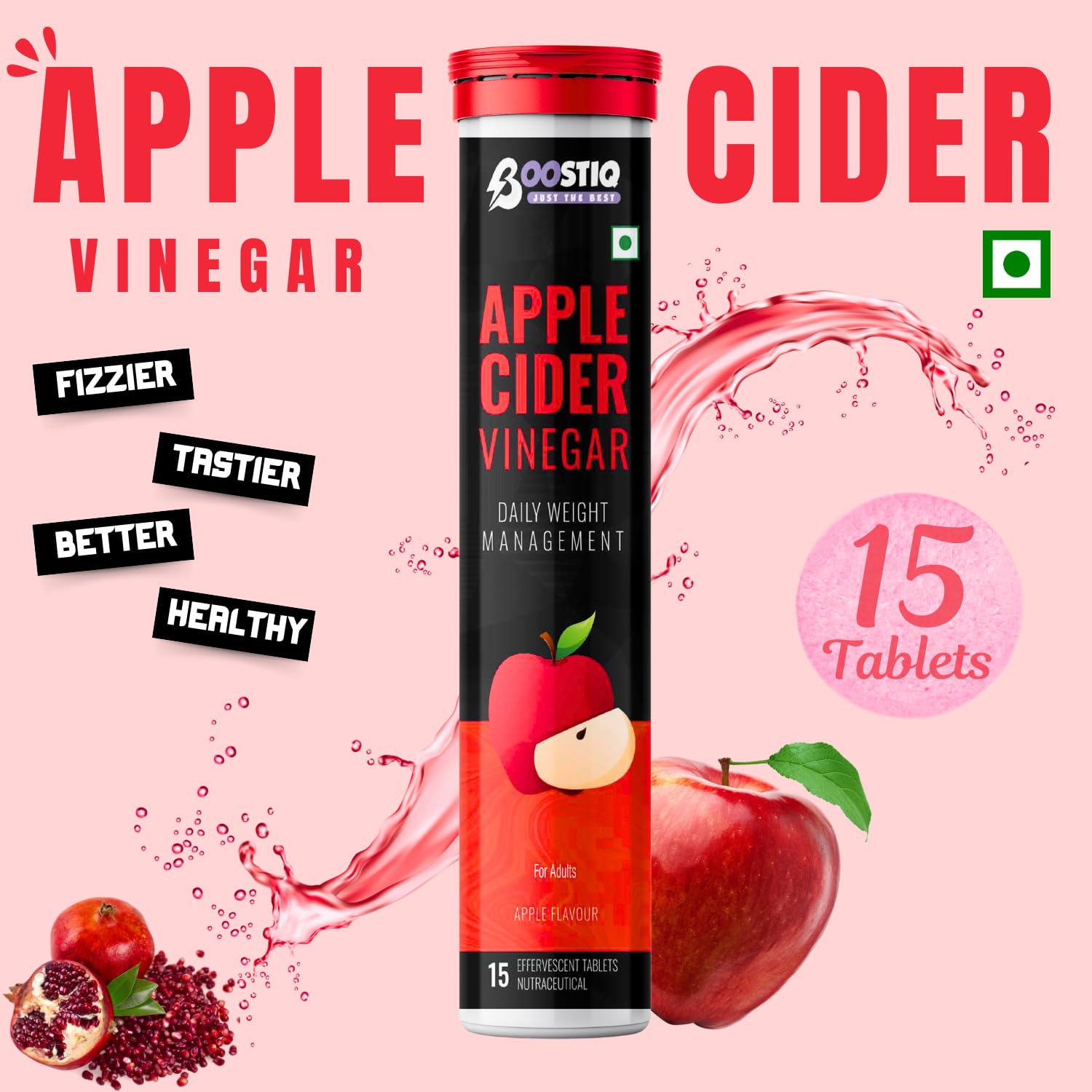 BOOSTIQ Apple Cider Vinegar Effervescent Tablets, B-Vitamins & Pomegranate Extract, No Added Sugar, Adult Supplement - in use