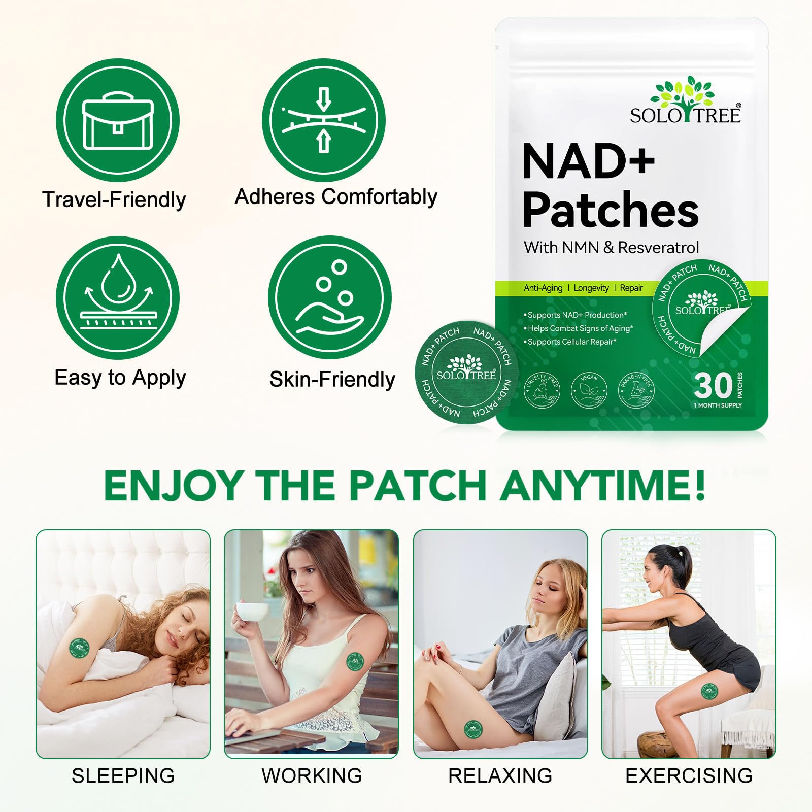 BOXANIA SoloTree NAD+ Transdermal Patches with NMN and Resveratrol, 30 Count, Nutritional Supplement Patches - back view