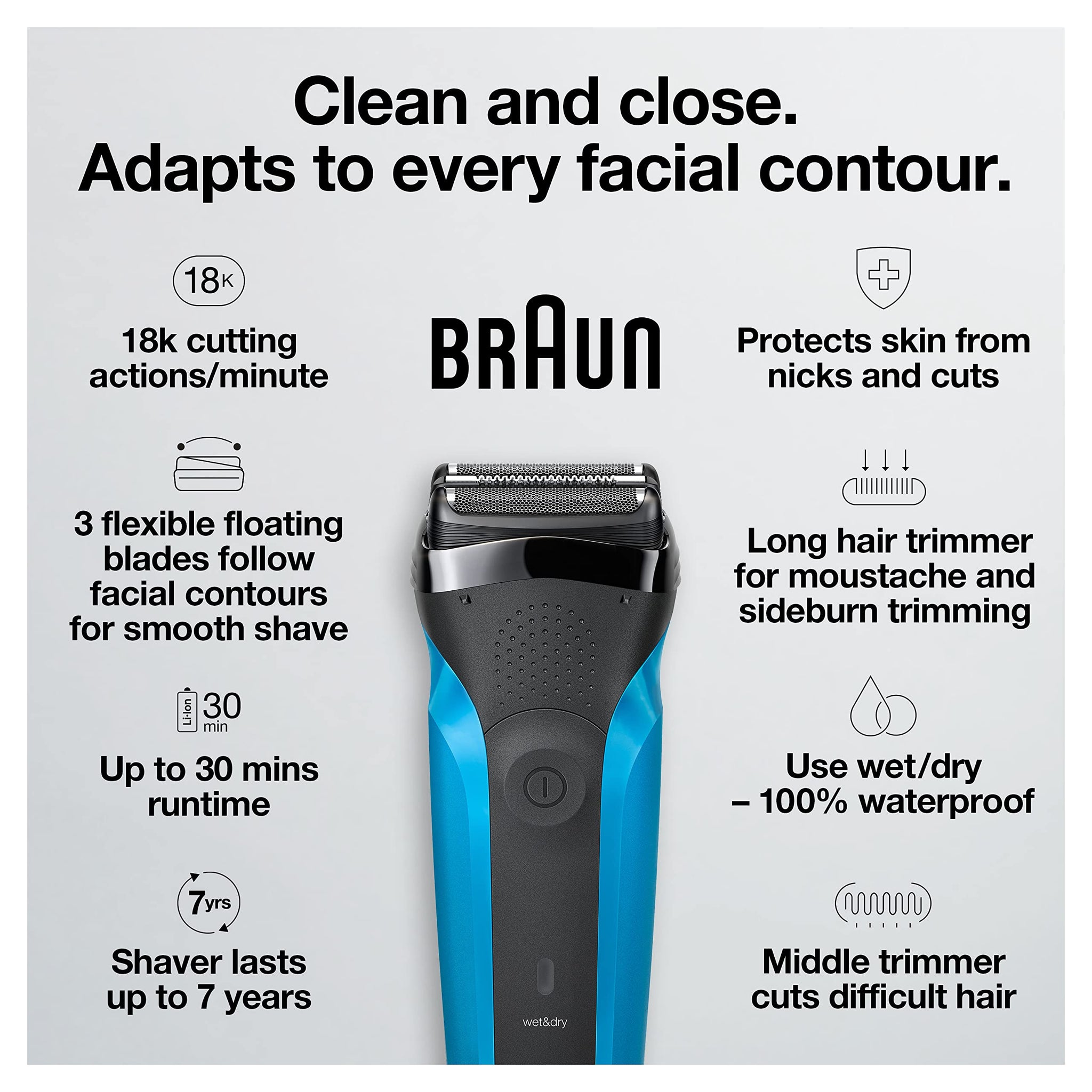 Braun 310s Series 3010s Rechargeable Electric Foil Shaver for Men, Blue - back view