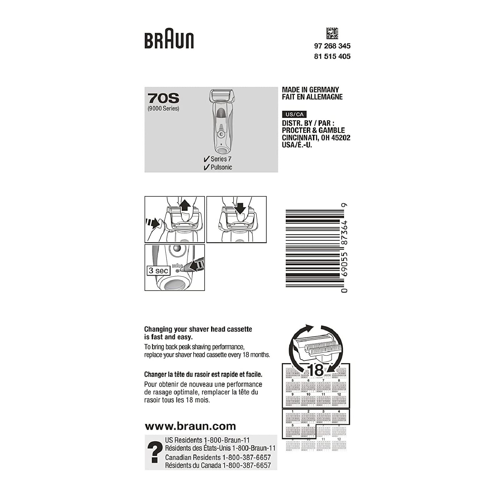Braun 70S Replacement Shaver Head, Silver, Fits Series 1 Models 730-750cc - front view