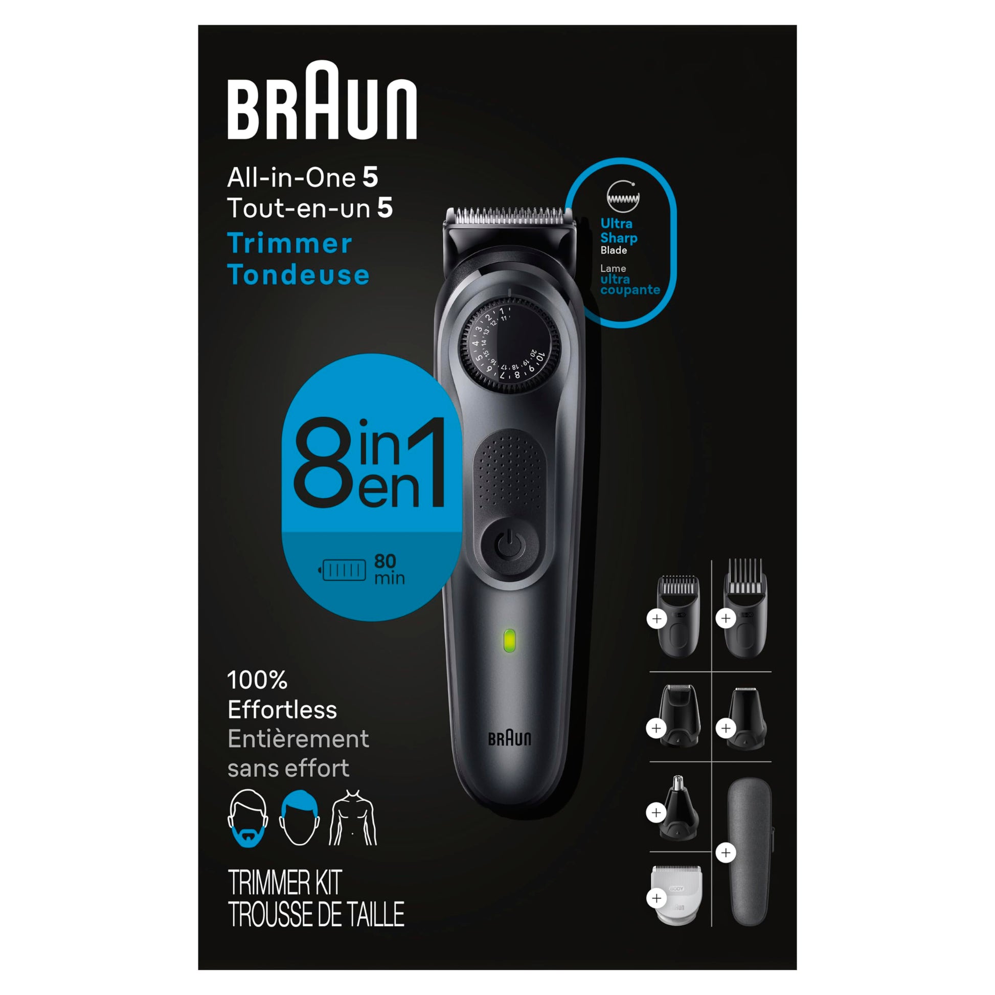 Braun 8-in-1 Trimmer for Men, Series 5 5471, Beard Trimmer, Body Trimmer, Hair Clippers, Ultra-Sharp Blade, 40 Length Setting