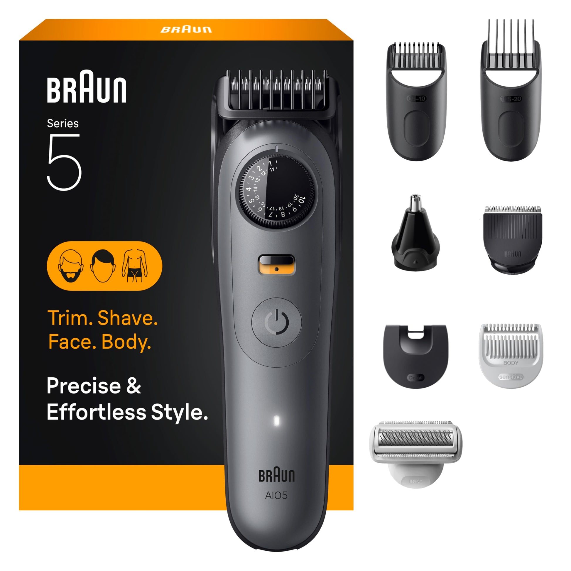 Braun All-in-One Series 5 Trimmer Kit, Ultra Sharp Blade, 40 Length Settings, PrecisionWheel & Lock, Waterproof, AIO 5510, Mo