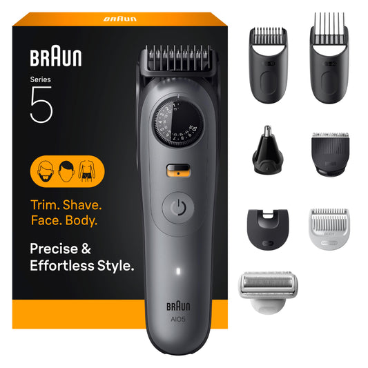Braun All-in-One Series 5 Trimmer Kit, Ultra Sharp Blade, 40 Length Settings, PrecisionWheel & Lock, Waterproof, AIO 5510, Mo