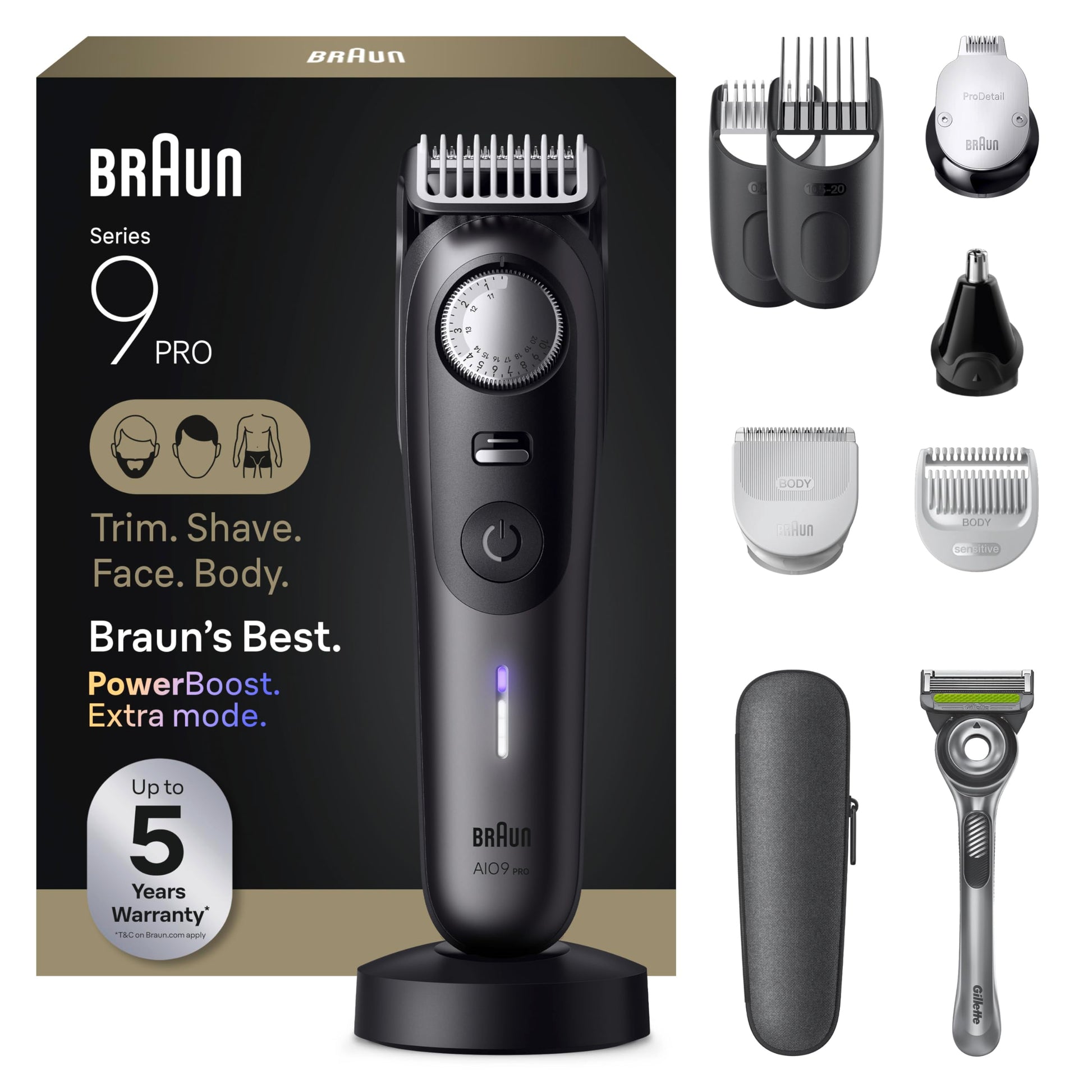 Braun All-in-One Series 9 PRO Beard & Body Trimmer AIO 9555 - Cordless Grooming System with Gillette Labs Razor