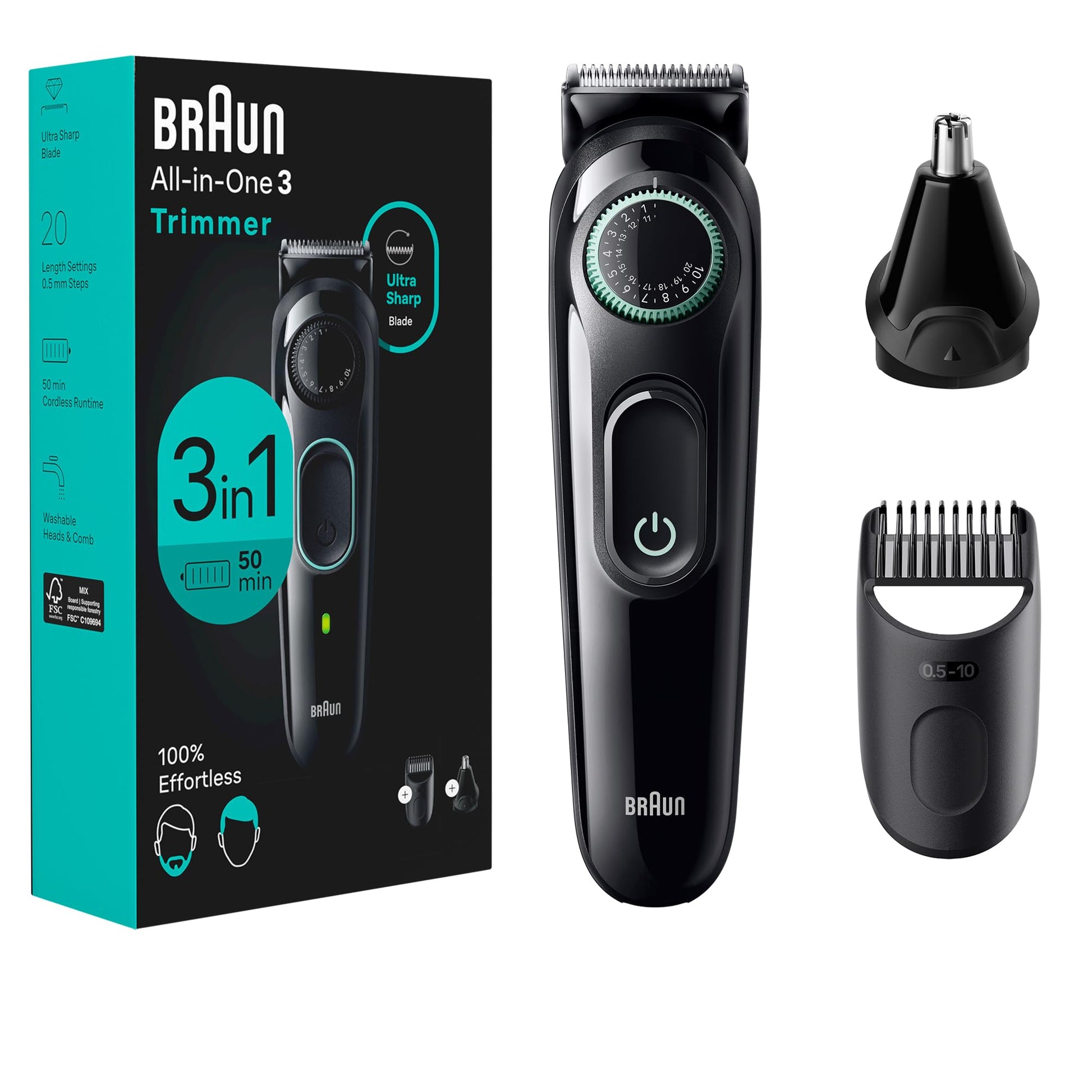Braun All-in-One Style Kit Series 3 3430, 3-in-1 Trimmer for Men with Beard, Ear & Nose, Hair Clippers, 20 Length Settings, W