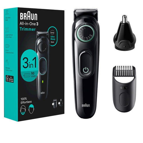Braun All-in-One Style Kit Series 3 3430, 3-in-1 Trimmer for Men with Beard, Ear & Nose, Hair Clippers, 20 Length Settings, W