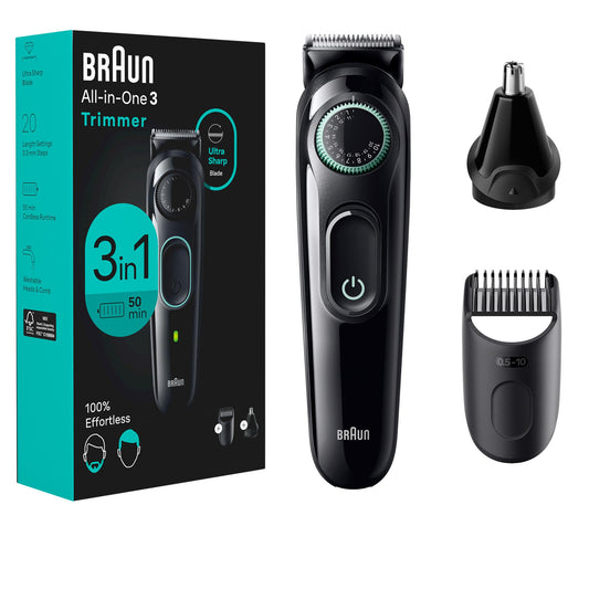 Braun All-in-One Style Kit Series 3 3430, 3-in-1 Trimmer for Men with Beard, Ear & Nose, Hair Clippers, 20 Length Settings, W