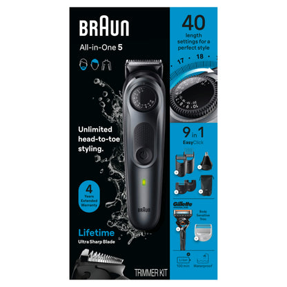 Braun All-in-One Style Kit Series 5 5470, 9-in-1 Men's Trimmer, 40 Length Settings, Rechargeable, Cordless - ingredients pane