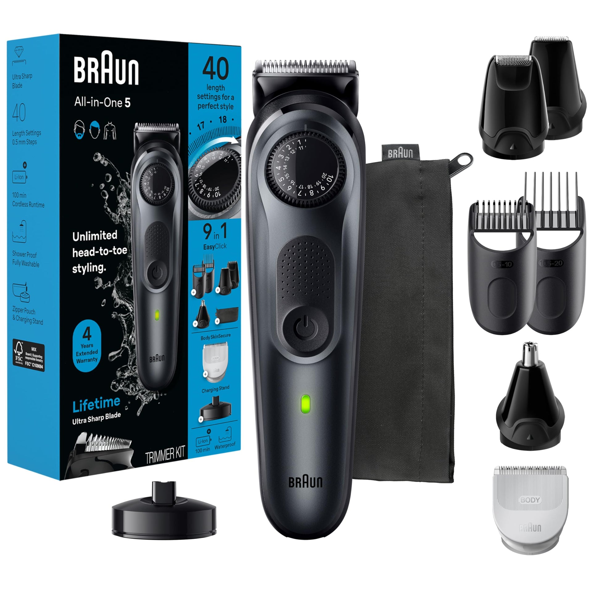 Braun All-In-One Style Kit Series 5 5490 9-In-1 Trimmer for Men, Battery Powered, 40 Length Settings, Waterproof - close-up d