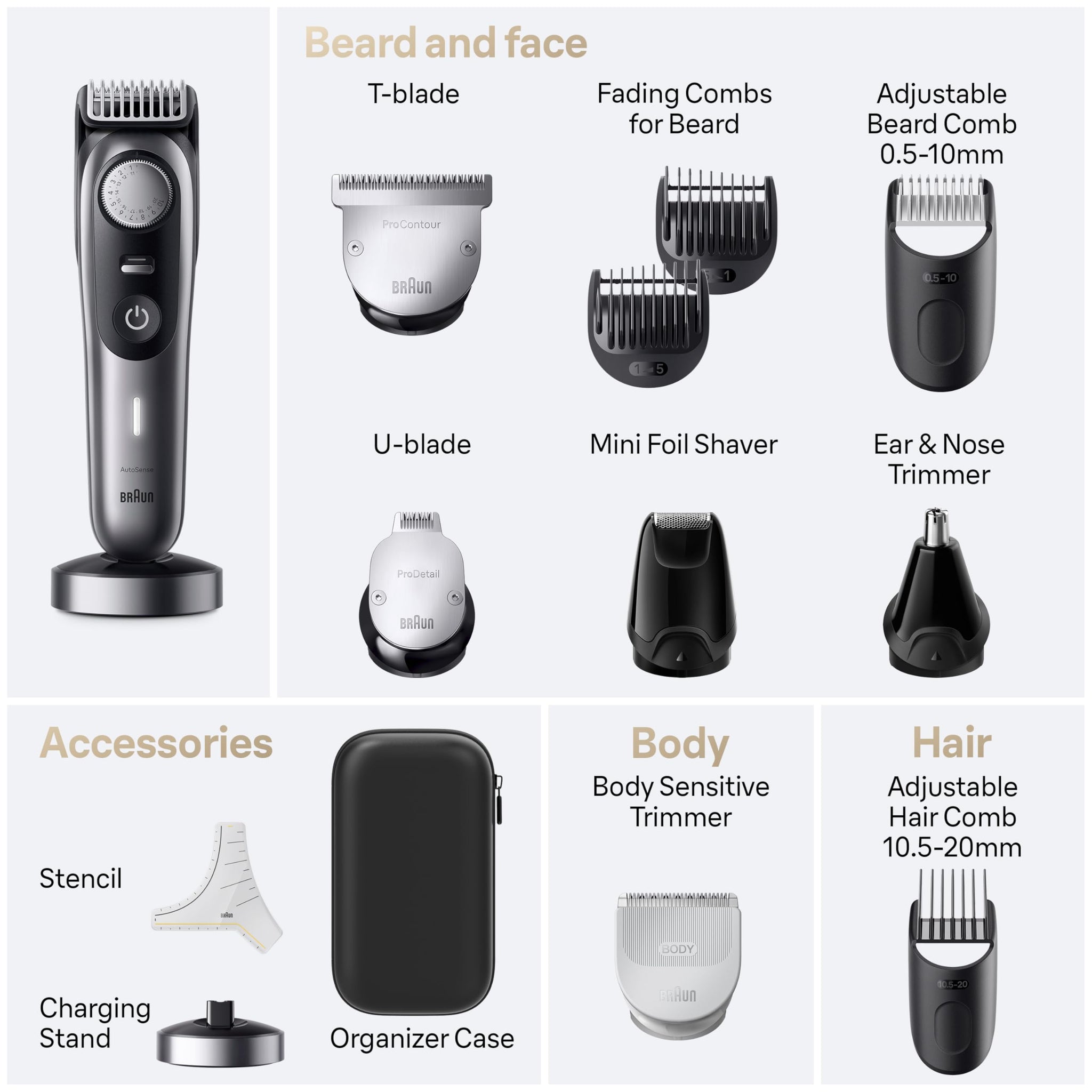 Braun All-In-One Style Kit Series 9 9440, 13-In-1 Trimmer for Men, 40 Length Settings, Beard and Body Trimmer - close-up deta