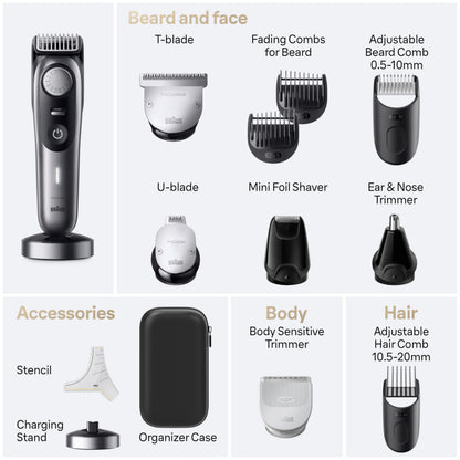 Braun All-In-One Style Kit Series 9 9440, 13-In-1 Trimmer for Men, 40 Length Settings, Beard and Body Trimmer - close-up deta