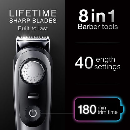 Braun All-in-One Trimmer for Men, Cordless, Waterproof, 50+ Length Settings, 8-in-1 Beard Trimmer with Case - back view