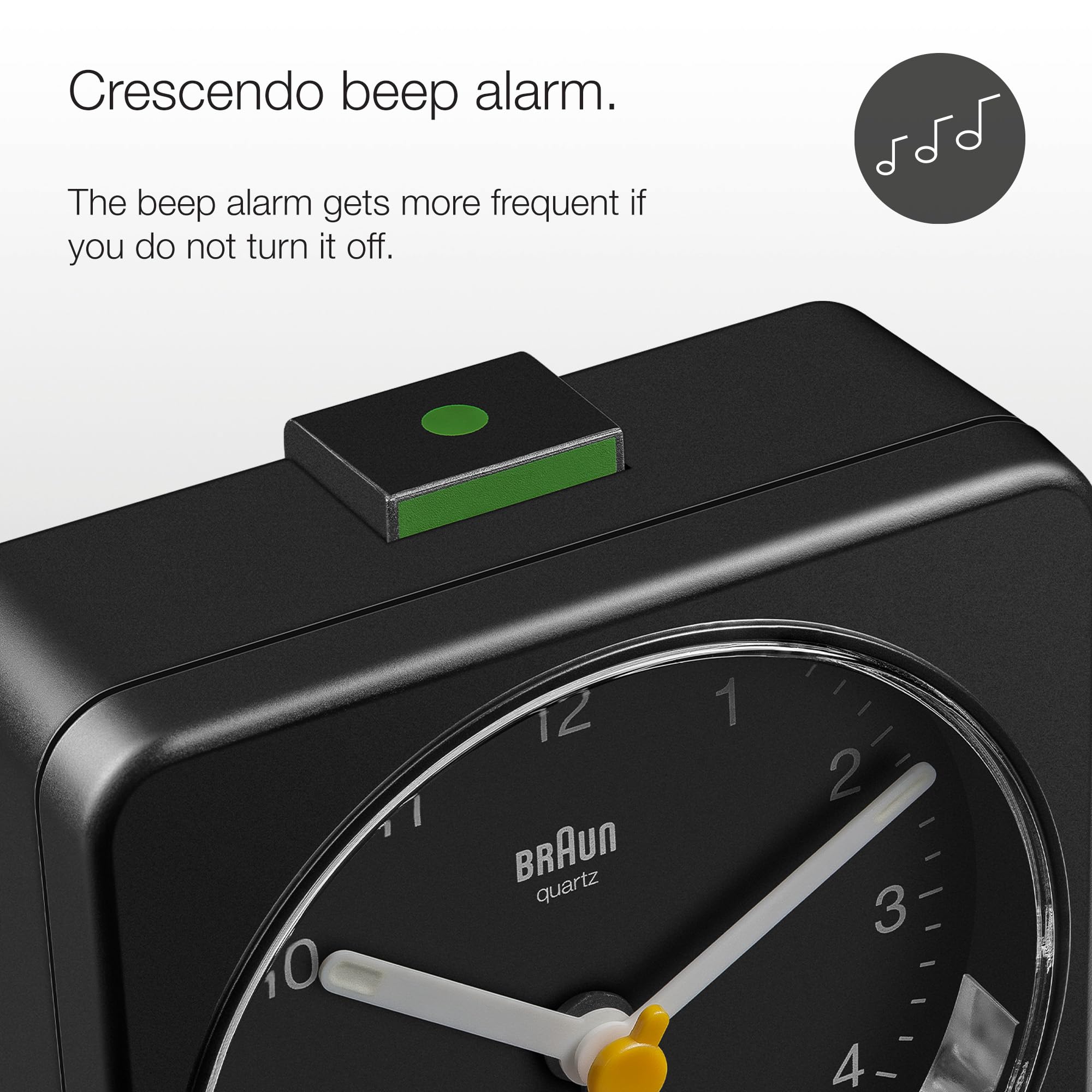 Braun BC03B Classic Analogue Alarm Clock with Quiet Sweep Movement, Snooze & Light, 3.07 in, Black - front view