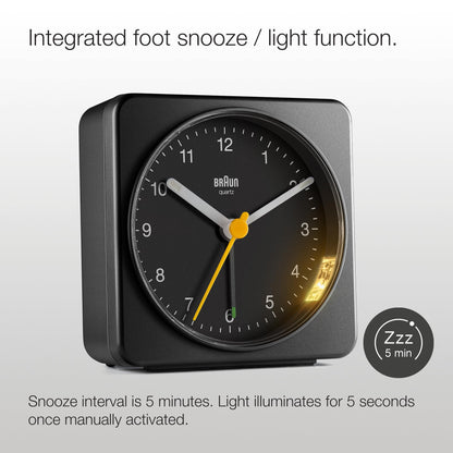 Braun BC03B Classic Analogue Alarm Clock with Quiet Sweep Movement, Snooze & Light, 3.07 in, Black - back view
