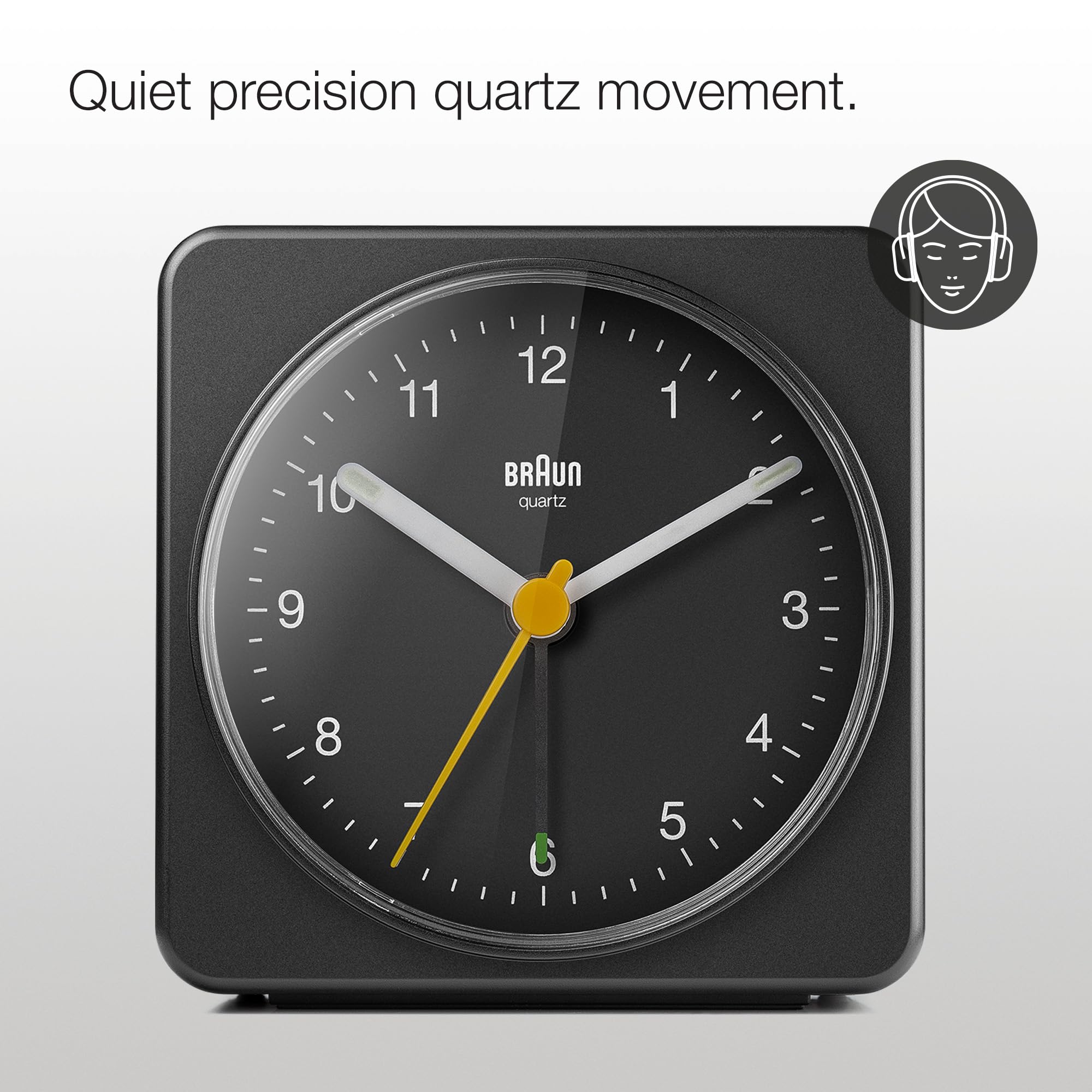 Braun BC03B Classic Analogue Alarm Clock with Quiet Sweep Movement, Snooze & Light, 3.07 in, Black - label detail