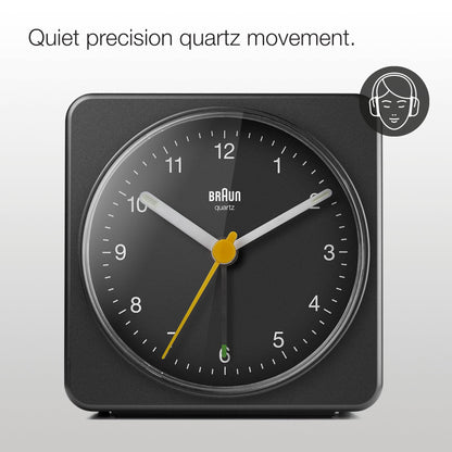 Braun BC03B Classic Analogue Alarm Clock with Quiet Sweep Movement, Snooze & Light, 3.07 in, Black - label detail