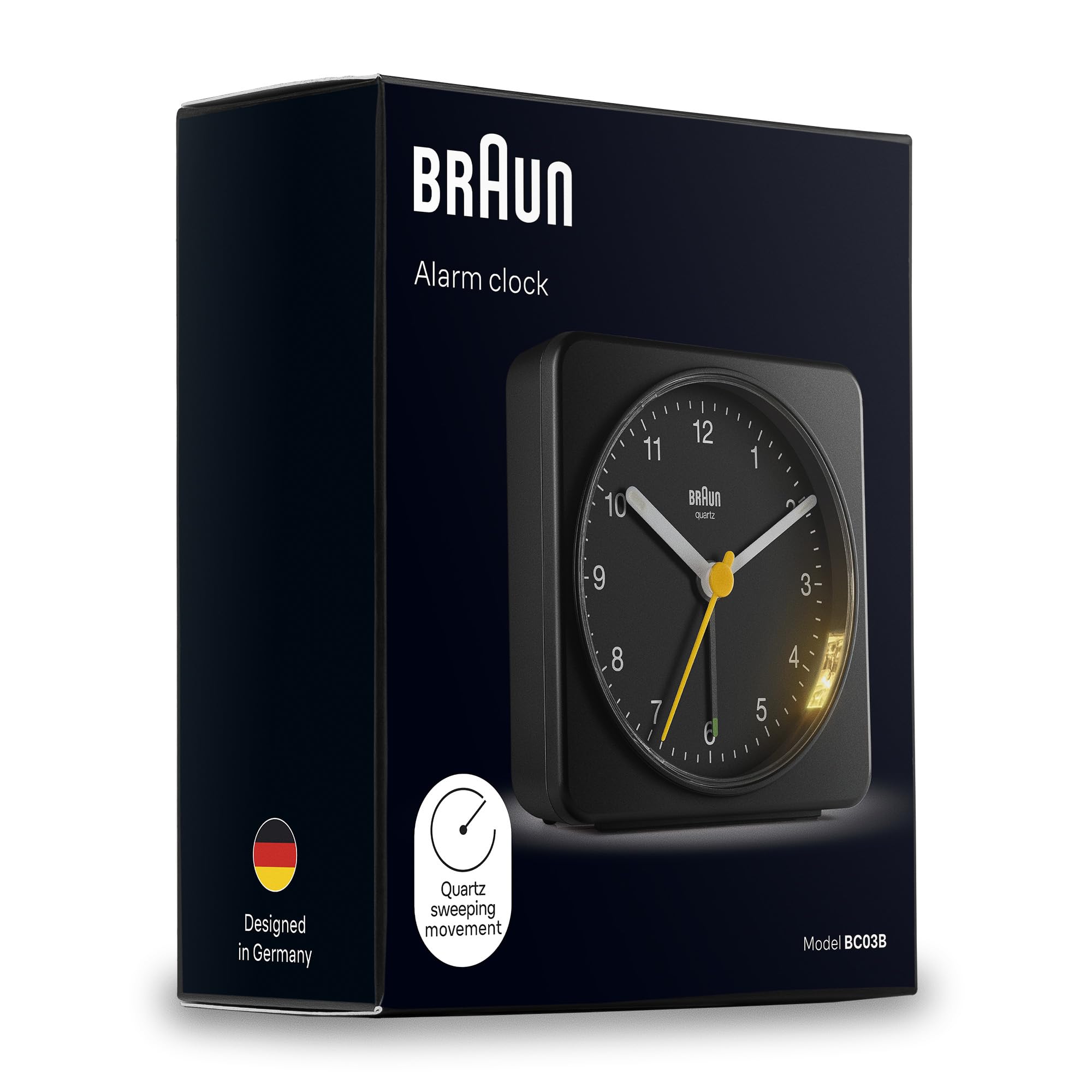 Braun BC03B Classic Analogue Alarm Clock with Quiet Sweep Movement, Snooze & Light, 3.07 in, Black - close-up detail