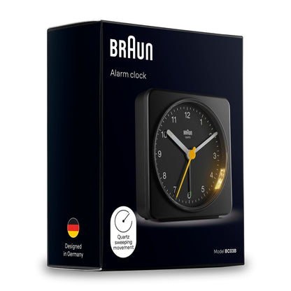 Braun BC03B Classic Analogue Alarm Clock with Quiet Sweep Movement, Snooze & Light, 3.07 in, Black - close-up detail