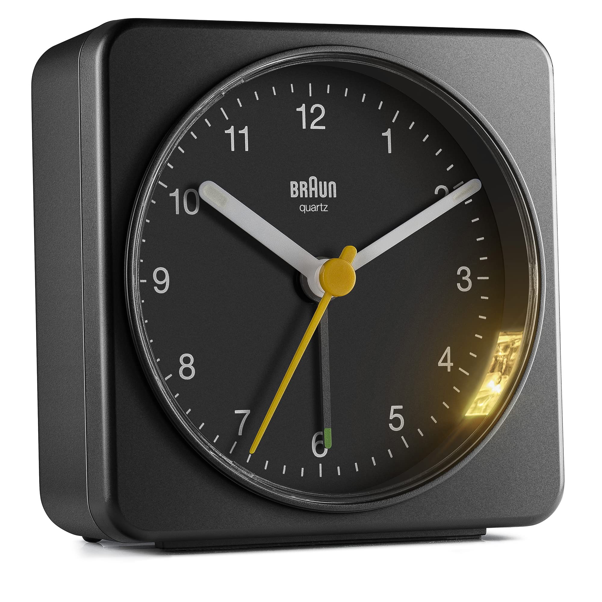 Braun BC03B Classic Analogue Alarm Clock with Quiet Sweep Movement, Snooze & Light, 3.07 in, Black - in use