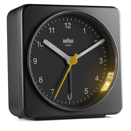 Braun BC03B Classic Analogue Alarm Clock with Quiet Sweep Movement, Snooze & Light, 3.07 in, Black - in use