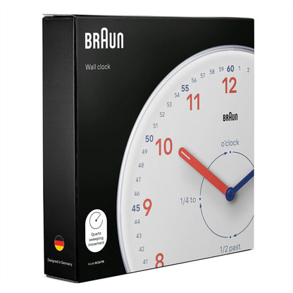 Braun BC26TW Time Teachers Wall Clock, White, 23cm, Modern Silent Quartz - label detail