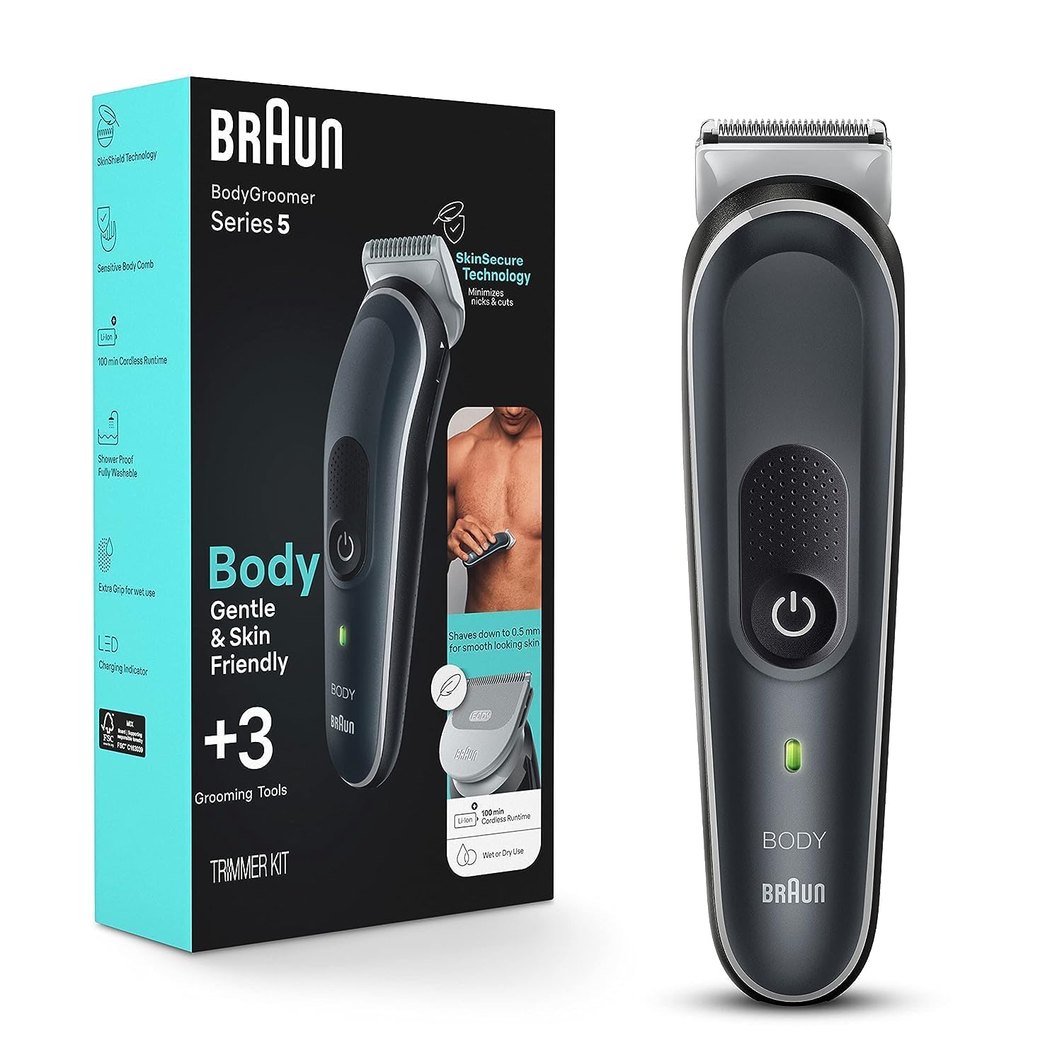 Braun Body Groomer 5 BG5340 Men's Manscaping Tool, SkinShield Technology, Sensitive Comb, Waterproof