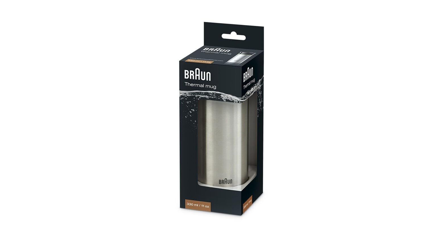 Braun BRSC001 Thermal Travel Coffee Mug, Black, 11 oz, Stainless Steel, BPA-Free - back view