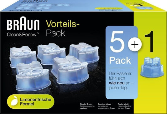 Braun CCR5+1 Clean & Renew Cleaning Cartridge, 6 Piece, Electric Shaver Cartridges