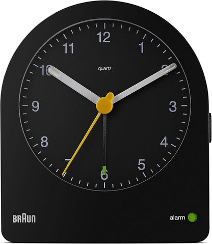Braun Classic Analogue Alarm Clock, Black, Quiet Quartz Movement, Crescendo Beep, Snooze & Backlight, Model BC22B