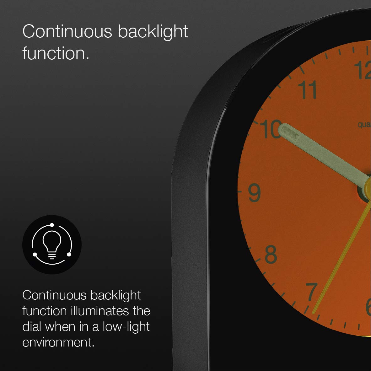 Braun Classic Analogue Alarm Clock, Black, Quiet Quartz Movement, Crescendo Beep, Snooze & Backlight, Model BC22B - back view