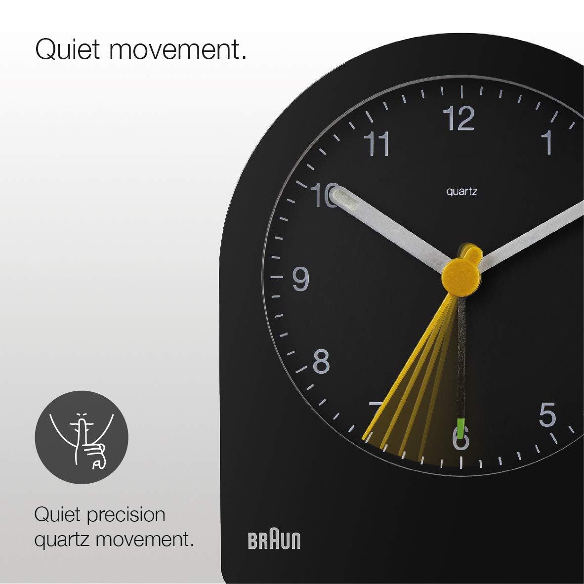 Braun Classic Analogue Alarm Clock, Black, Quiet Quartz Movement, Crescendo Beep, Snooze & Backlight, Model BC22B - label det