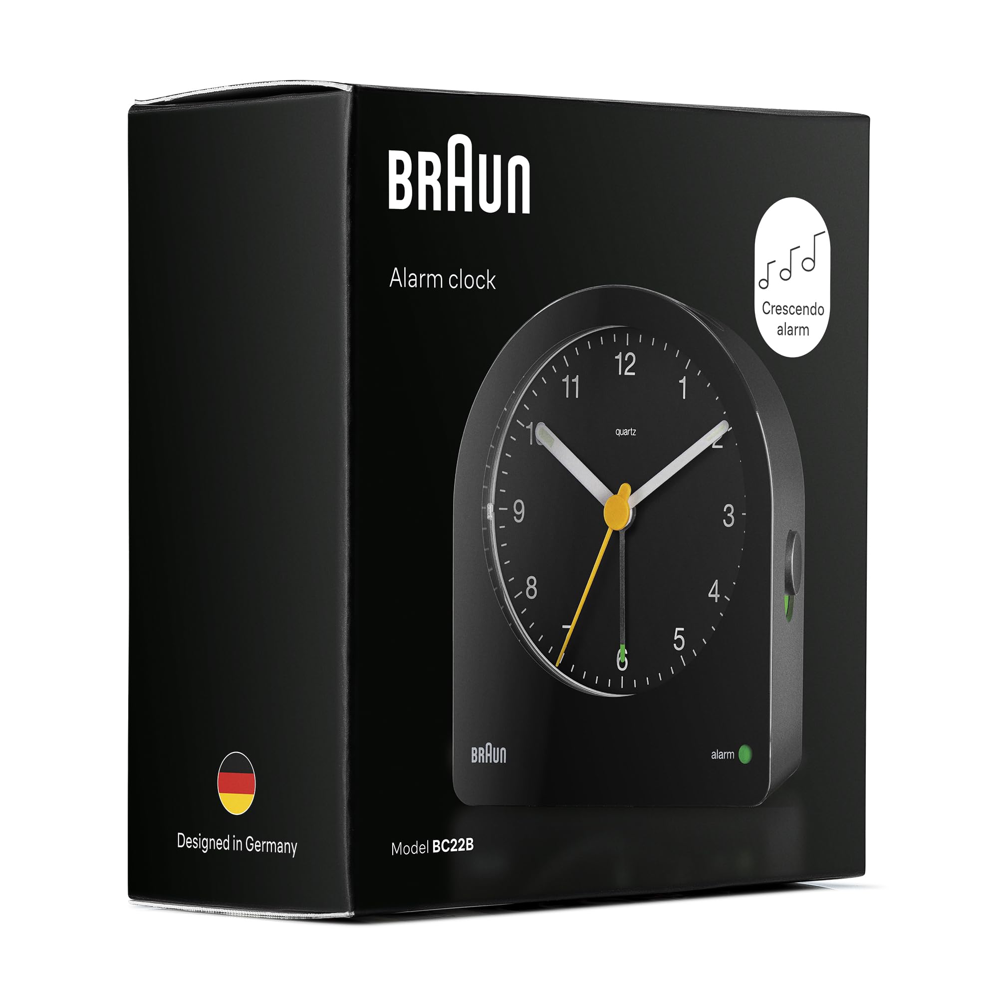 Braun Classic Analogue Alarm Clock, Black, Quiet Quartz Movement, Crescendo Beep, Snooze & Backlight, Model BC22B - in use