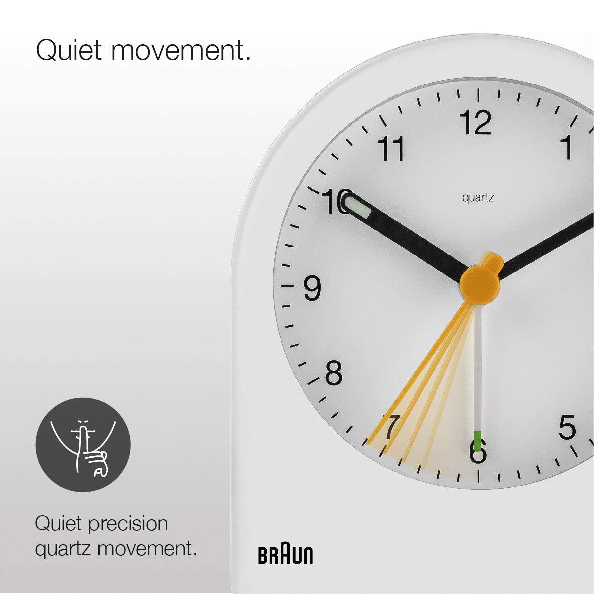 Braun Classic Analogue Alarm Clock with Snooze and Continuous Backlight, Quiet Quartz Movement, White - front view
