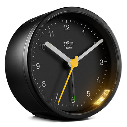 Braun Classic Analogue Alarm Clock with Snooze and Light, Silent Quartz Movement, Black, Model BC12B