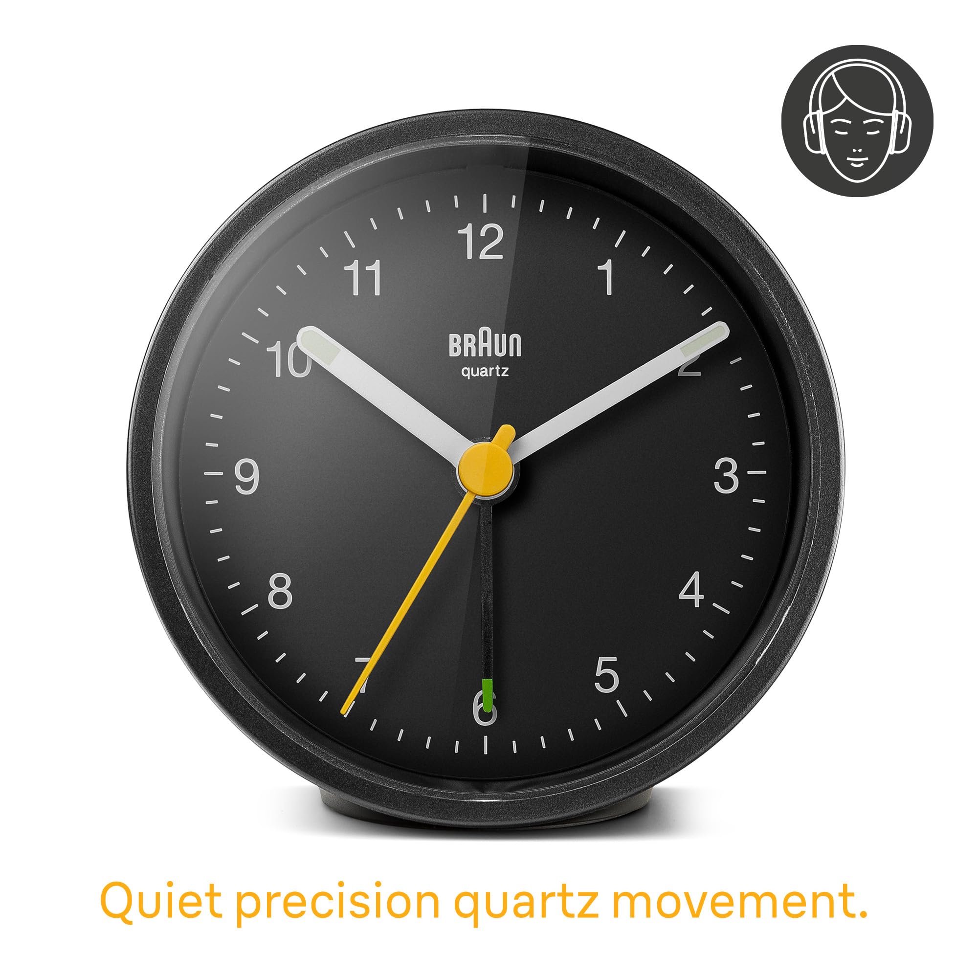 Braun Classic Analogue Alarm Clock with Snooze and Light, Silent Quartz Movement, Black, Model BC12B - front view