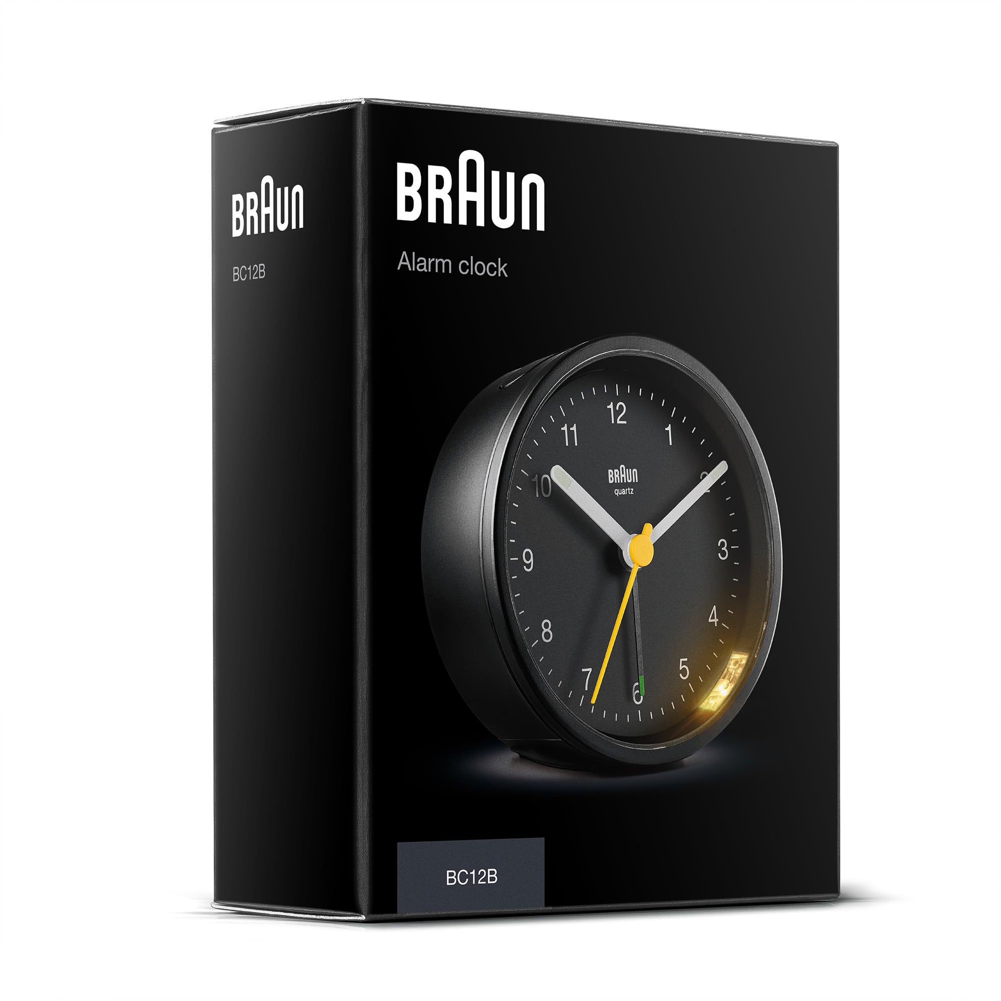 Braun Classic Analogue Alarm Clock with Snooze and Light, Silent Quartz Movement, Black, Model BC12B - packaging