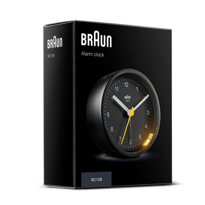 Braun Classic Analogue Alarm Clock with Snooze and Light, Silent Quartz Movement, Black, Model BC12B - packaging