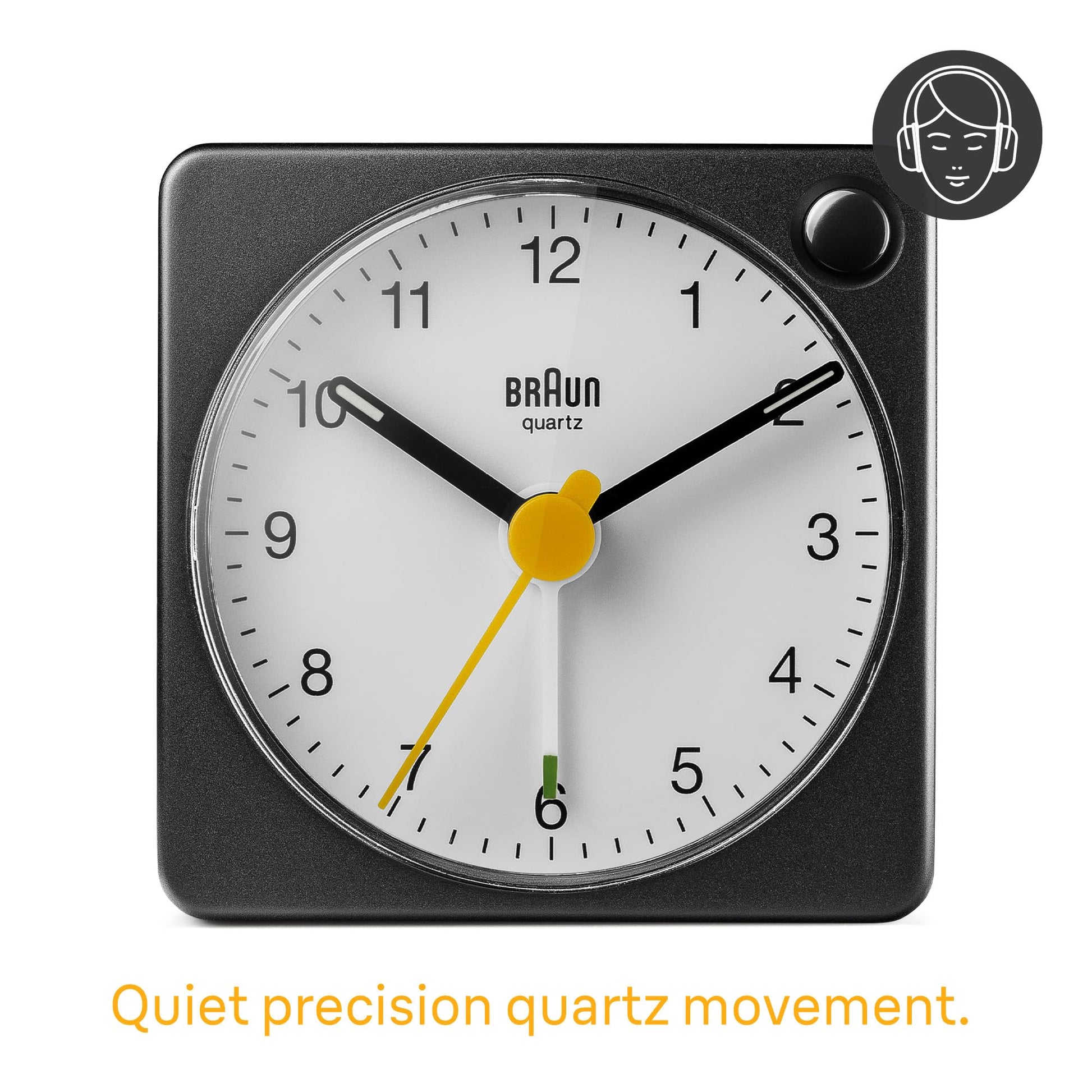 Braun Classic Analogue Travel Alarm Clock - Quiet Quartz Movement, Compact Size, with Snooze and Light Function - front view