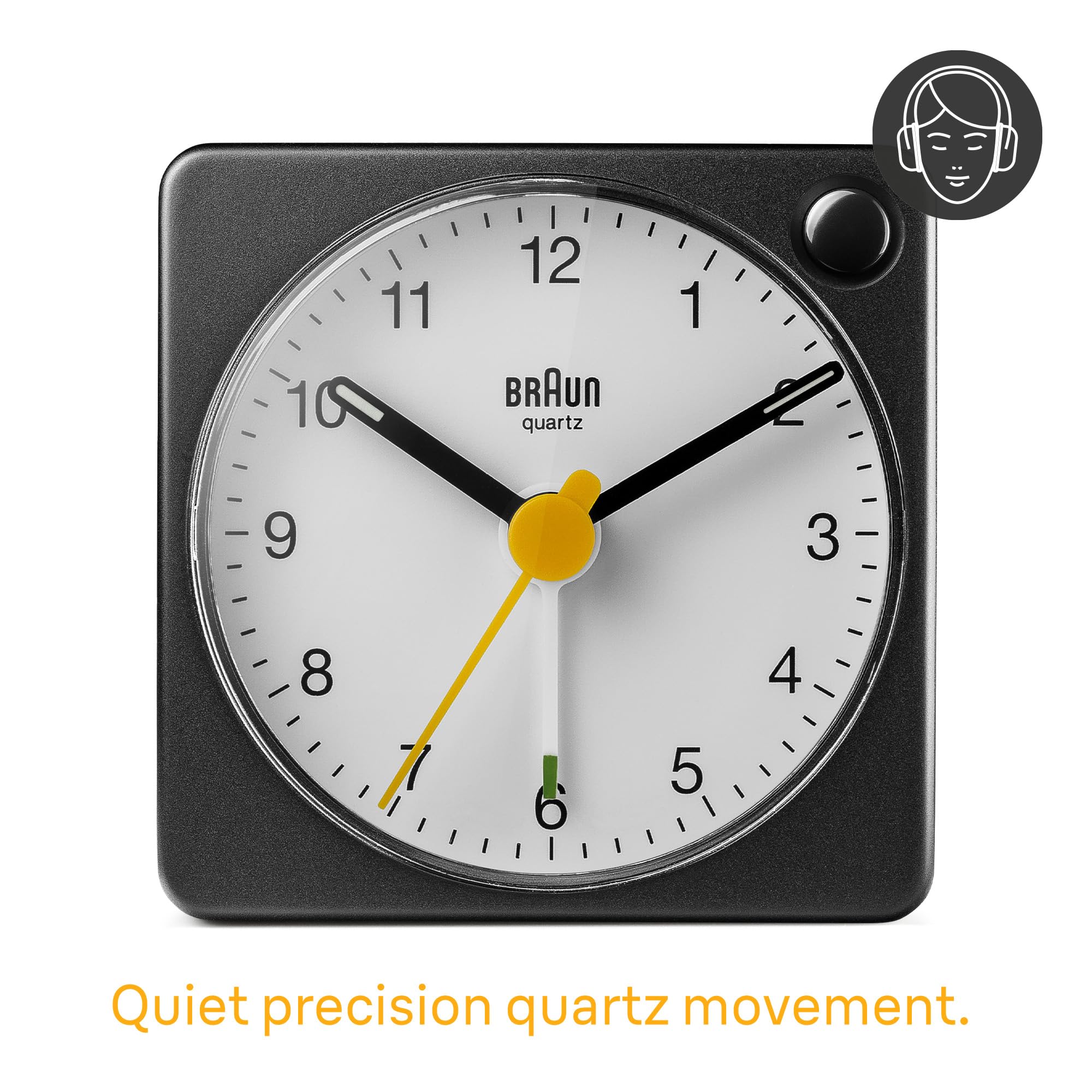 Braun Classic Analogue Travel Alarm Clock - Quiet Quartz Movement, Compact Size, with Snooze and Light Function - front view