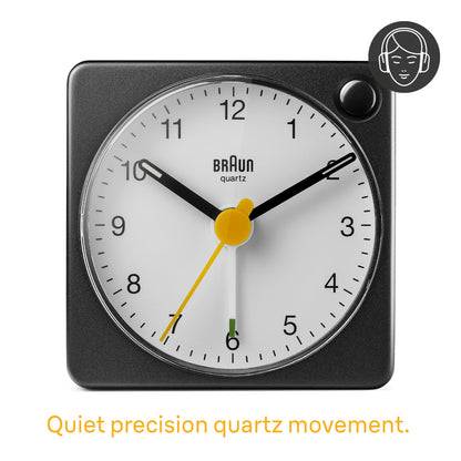 Braun Classic Analogue Travel Alarm Clock - Quiet Quartz Movement, Compact Size, with Snooze and Light Function - front view