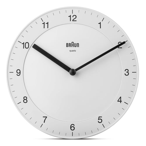 Braun Classic Analogue Wall Clock, 20cm Diameter, White, Quiet Quartz Movement, Model BC06W