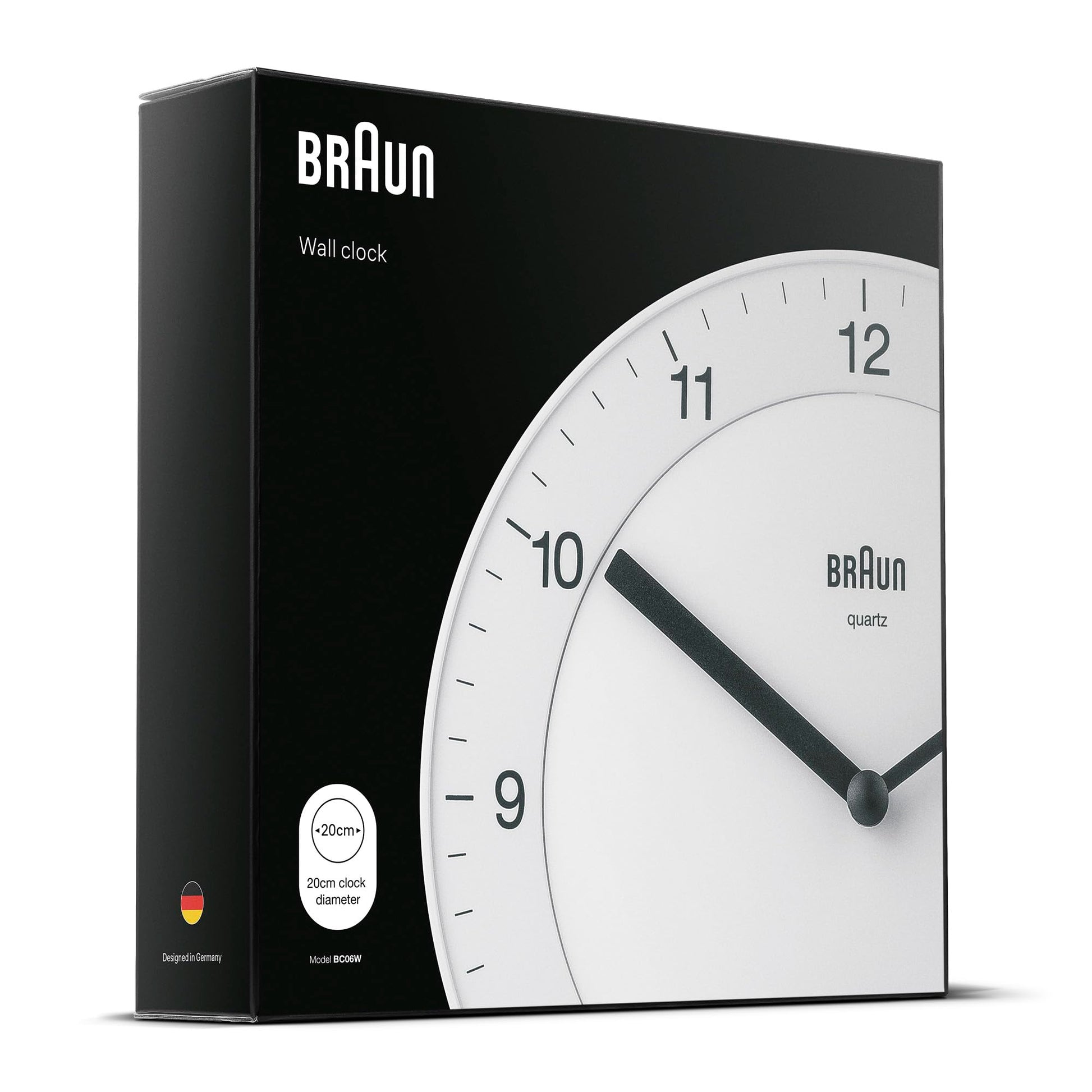 Braun Classic Analogue Wall Clock, 20cm Diameter, White, Quiet Quartz Movement, Model BC06W - packaging