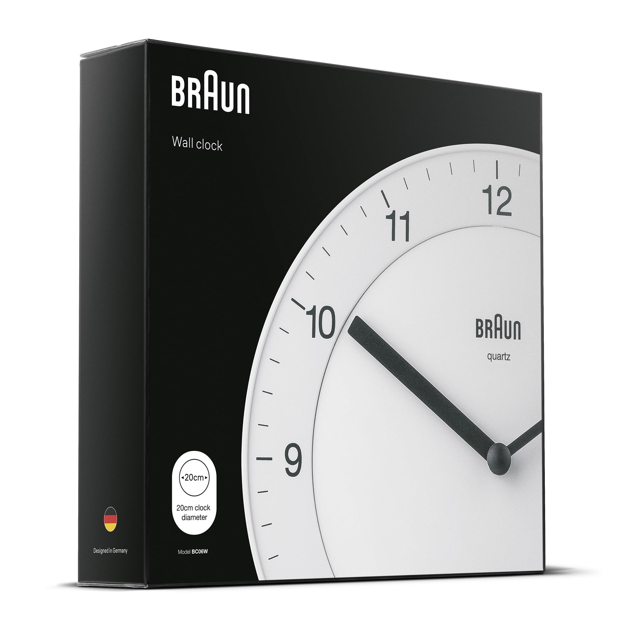Braun Classic Analogue Wall Clock, 20cm Diameter, White, Quiet Quartz Movement, Model BC06W - packaging