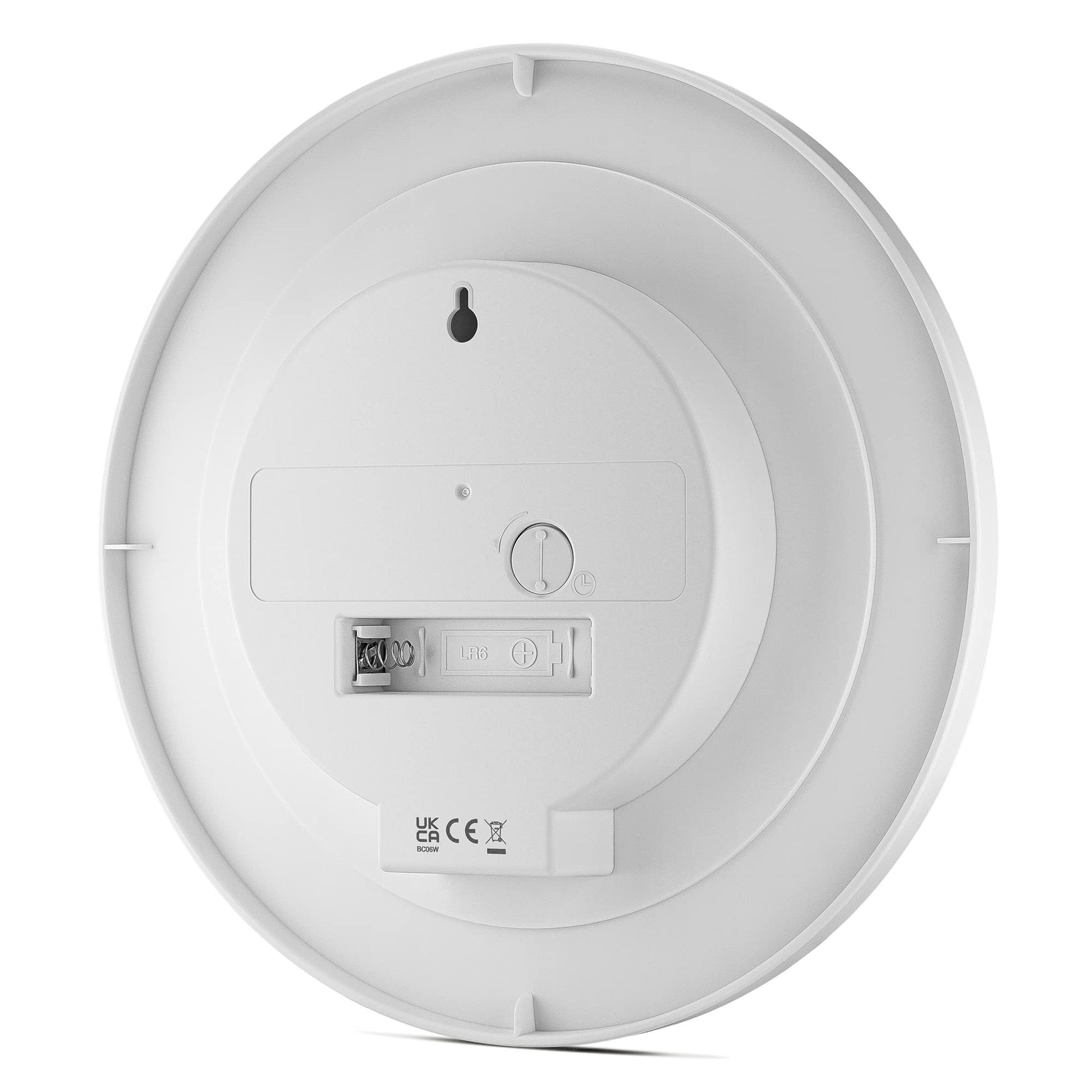Braun Classic Analogue Wall Clock, 20cm Diameter, White, Quiet Quartz Movement, Model BC06W - ingredients panel