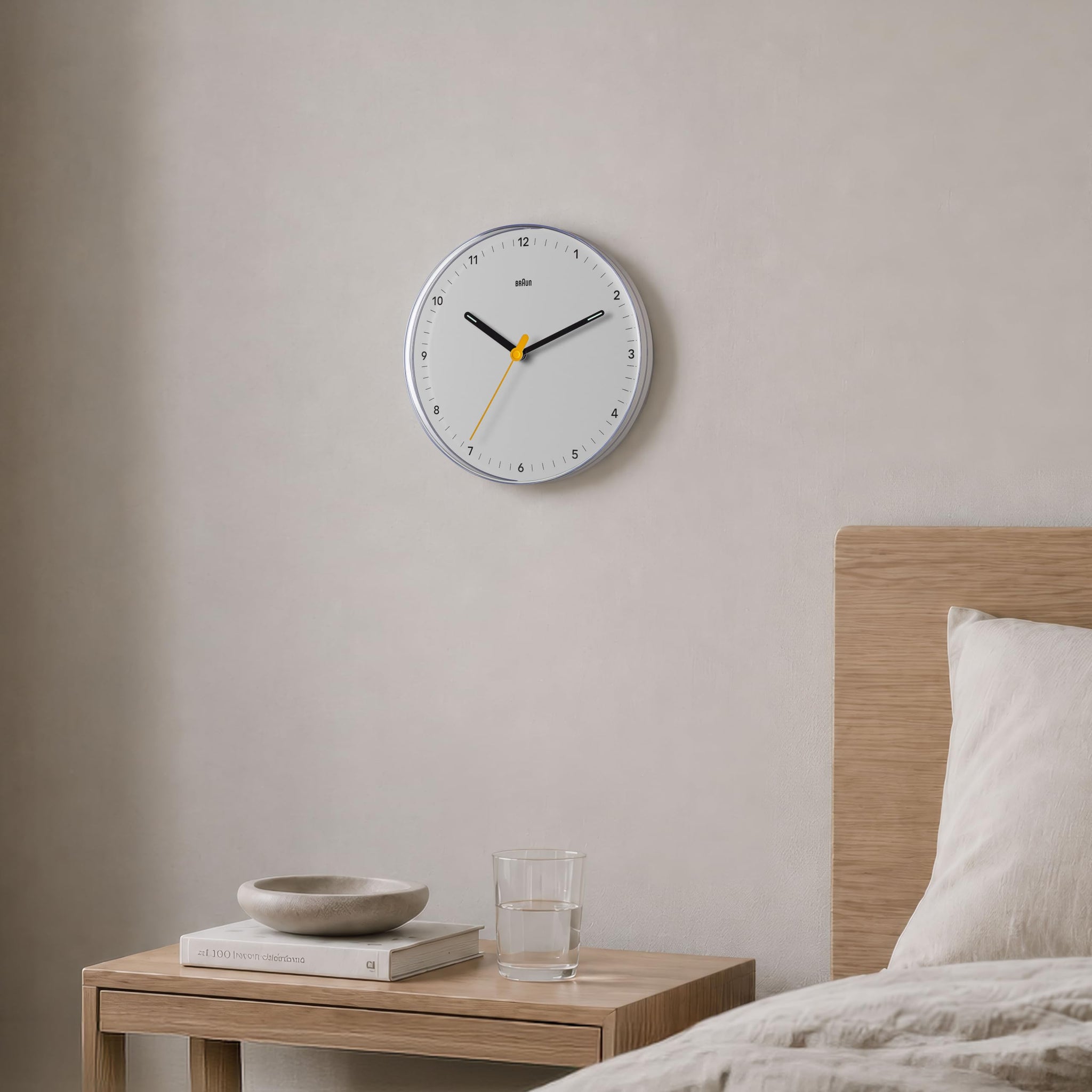 Braun Classic Analogue Wall Clock, 23cm Diameter, White, Silent Sweeping Quartz Movement - front view