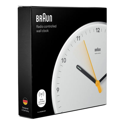 Braun Classic Analogue Wall Clock BC26W - Silent Sweep Quartz, Radio Controlled, 23cm, White Plastic - packaging